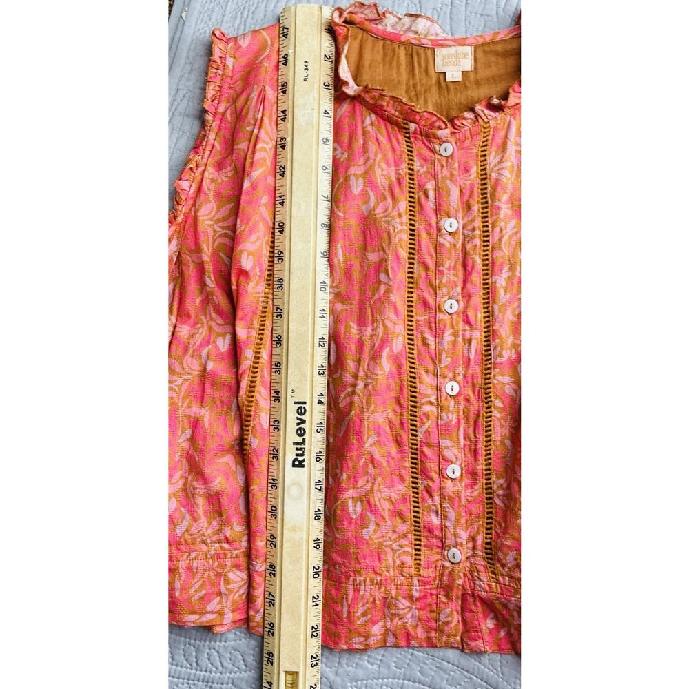 Sunshine Tienda L Pink Coral Floral Ruffle Button Front Boho Blouse Top - Picture 8 of 9